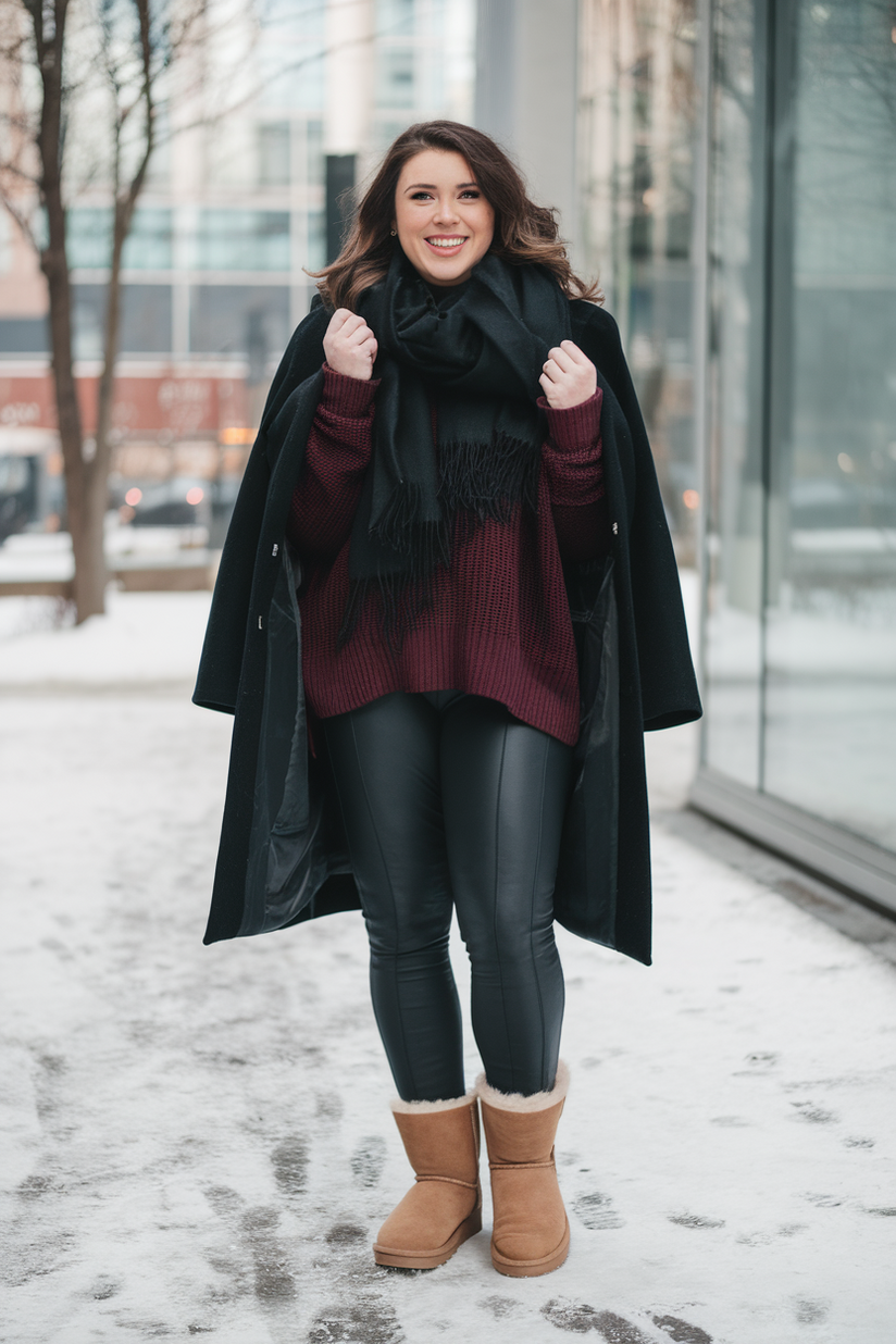 Winter outfit with black leggings, burgundy sweater, and chestnut UGG boots.