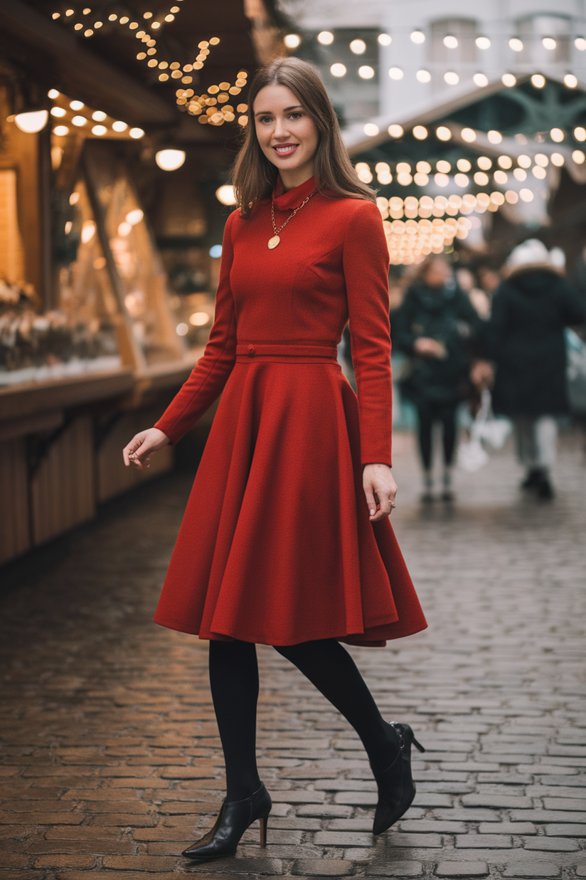 Black pointy-toe heels paired with a red wool dress in a festive winter market setting.