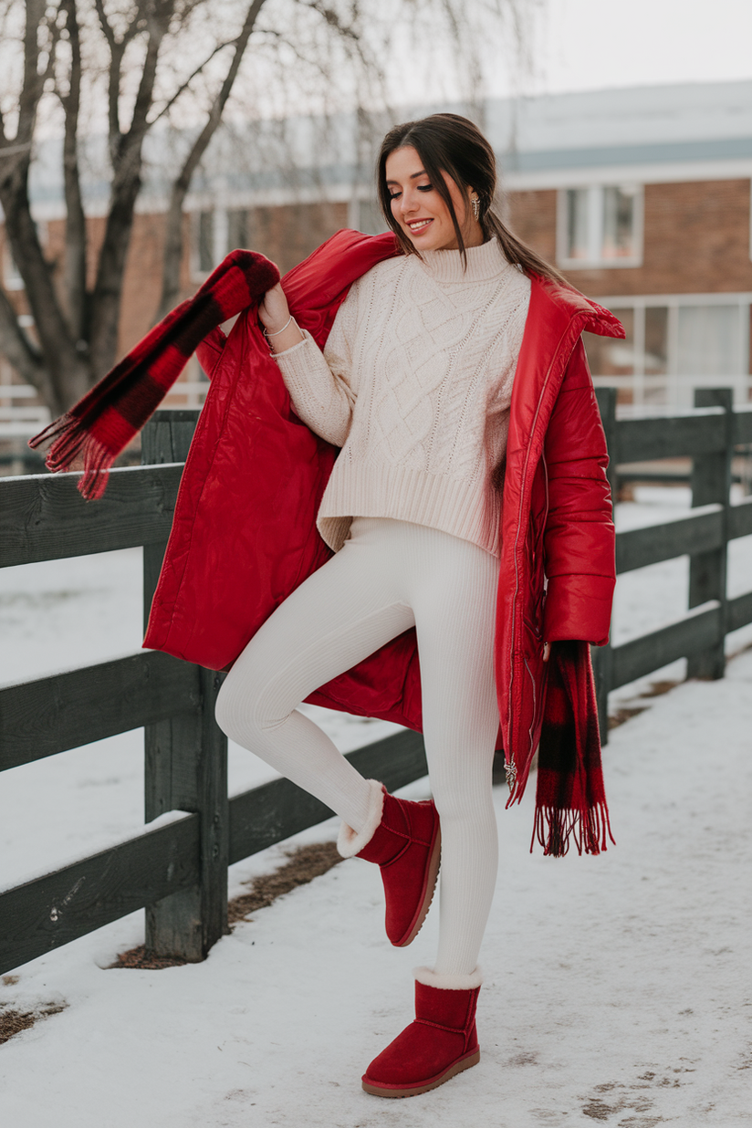 Winter outfit with white leggings, cream sweater, and red UGG boots.