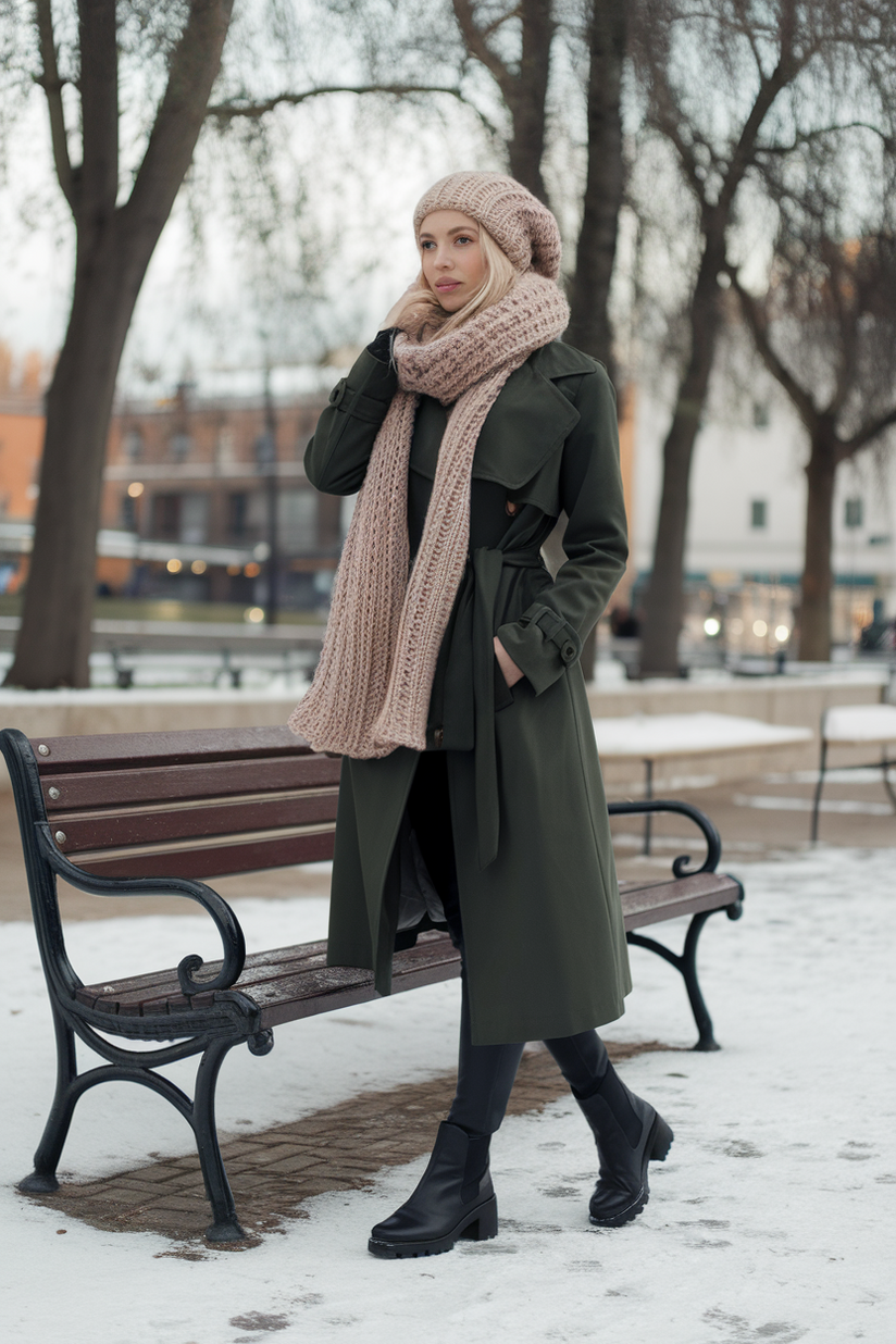 Winter outfit with a beige scarf, green trench coat, and leggings.