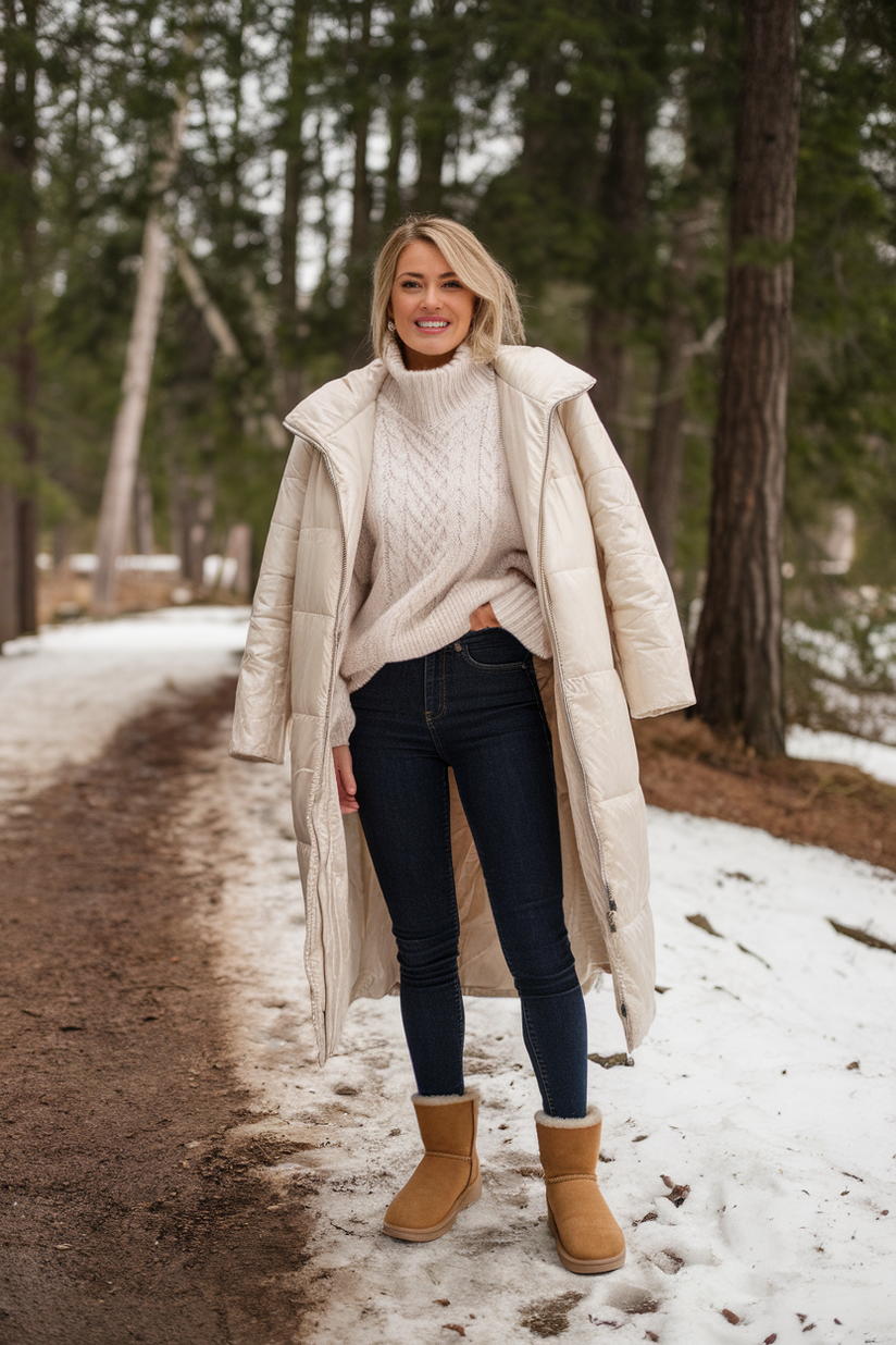 Woman in skinny jeans, tan Ugg boots, and a cable-knit sweater with a cream puffer coat in a snowy forest.