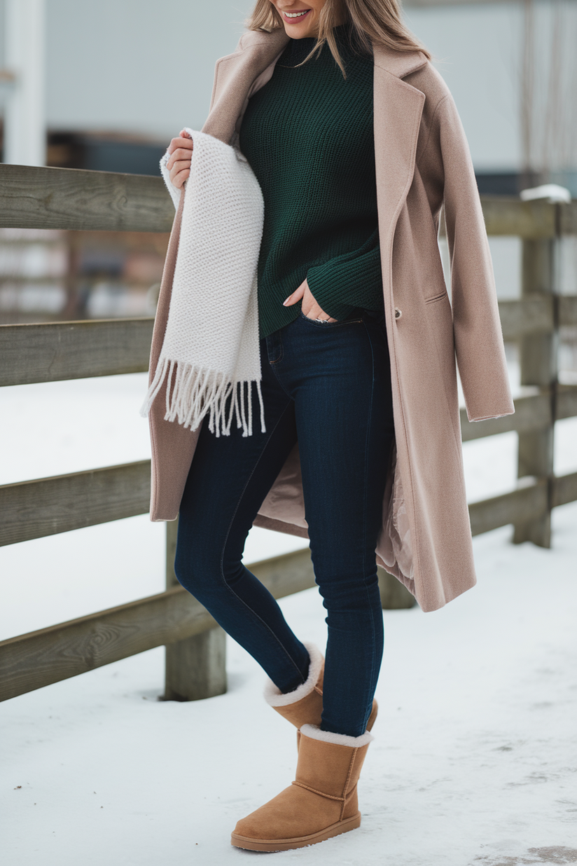 Winter outfit with dark skinny jeans, green sweater, and tan UGG boots.