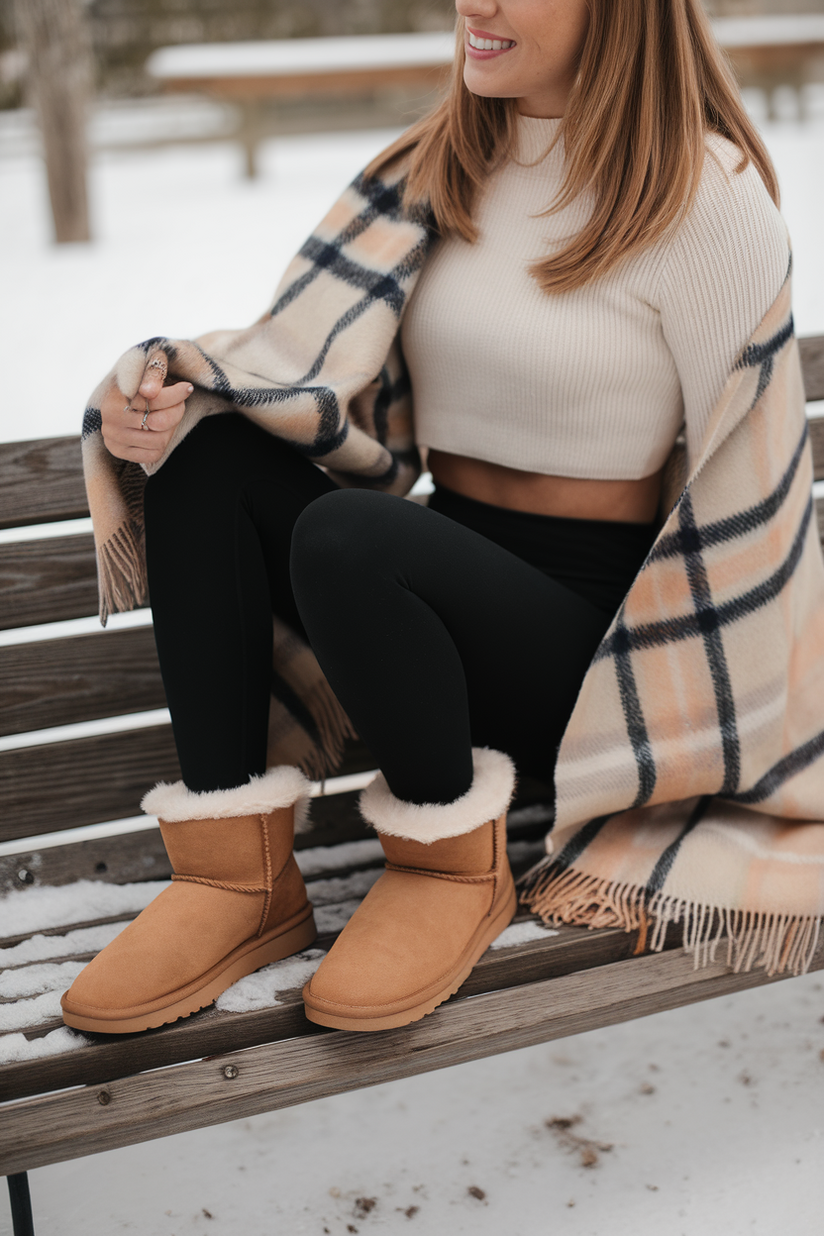 Winter outfit with black leggings, cream sweater, and tan mini UGG boots.