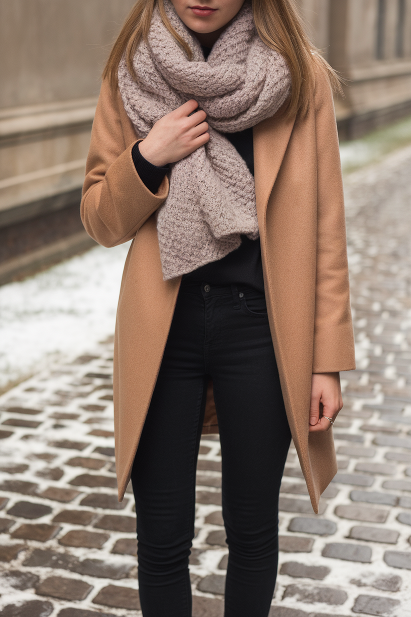 Winter outfit with a grey scarf, camel coat, and black jeans.