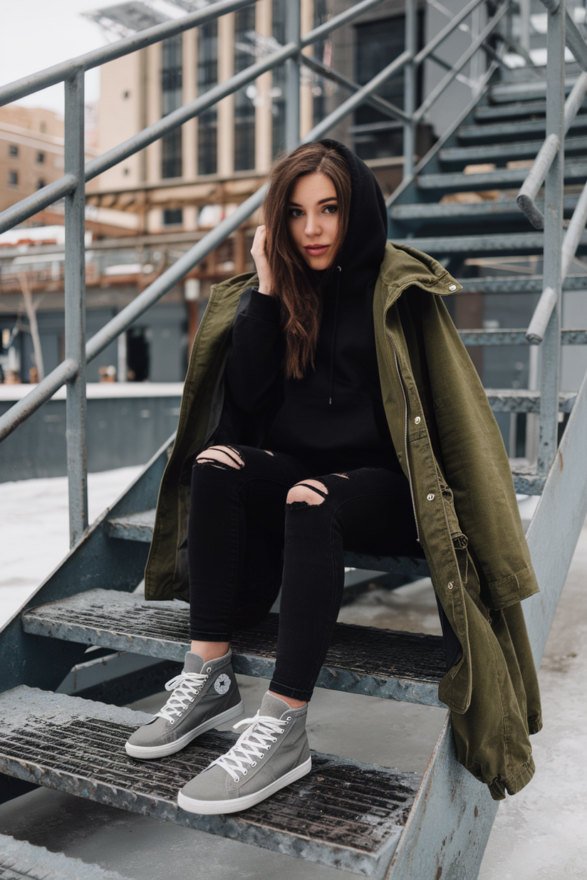 Woman in black ripped jeans, gray sneakers, and a black hoodie with a green parka on icy metal stairs.