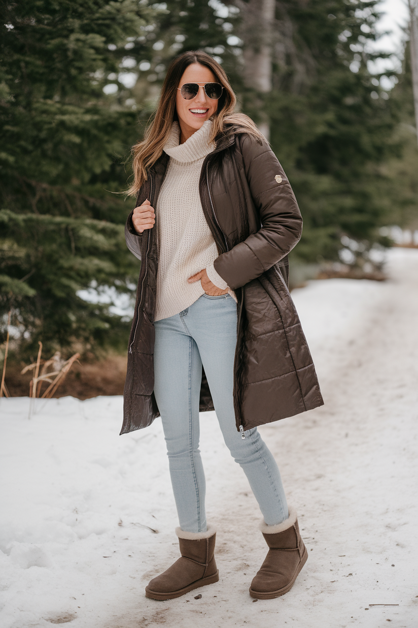 Winter outfit with light jeans, beige sweater, and dark brown UGG boots.