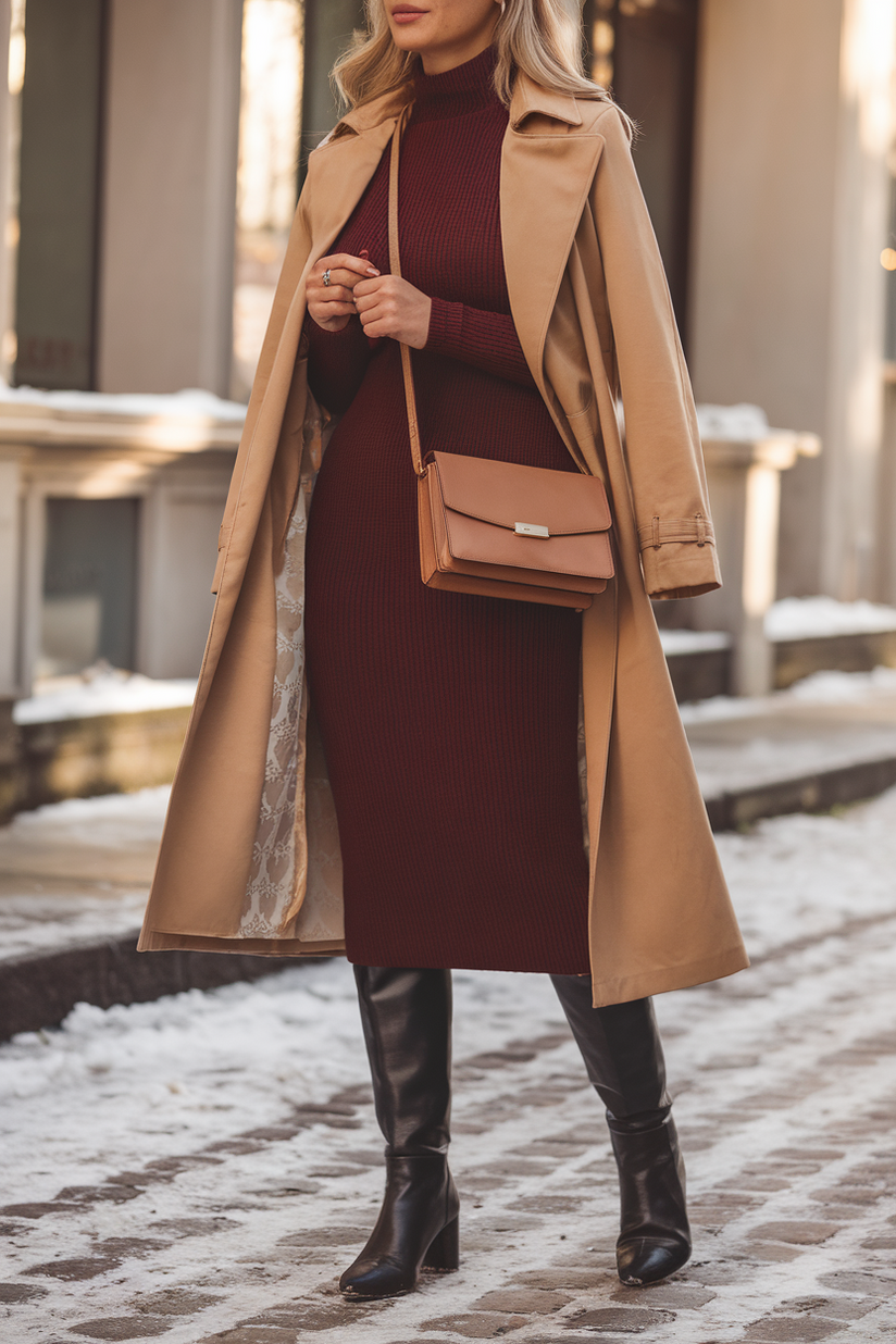 Winter outfit featuring a burgundy dress, a tan trench coat, and black knee-high boots.