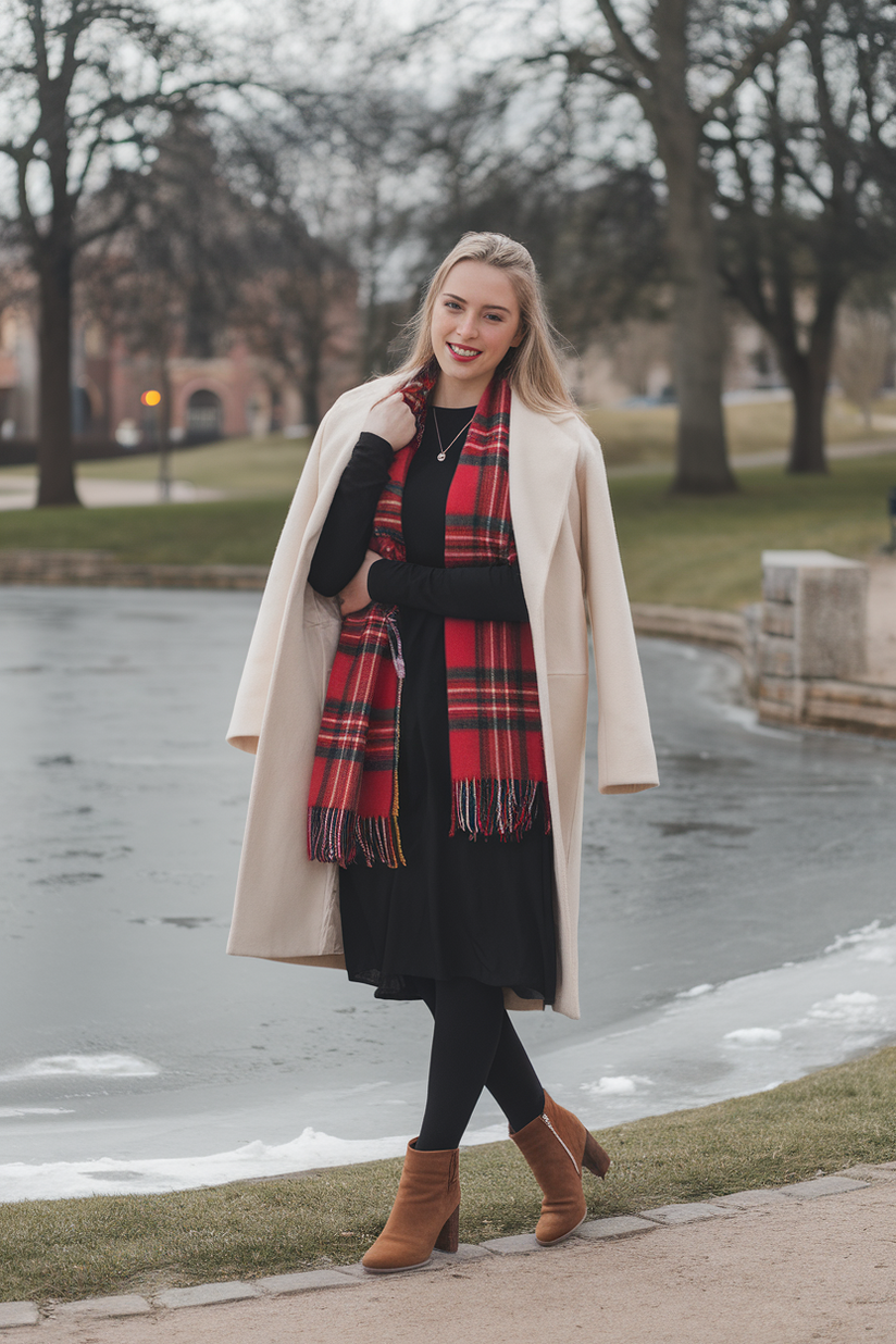 Winter outfit with a black dress, red plaid scarf, and brown ankle boots.