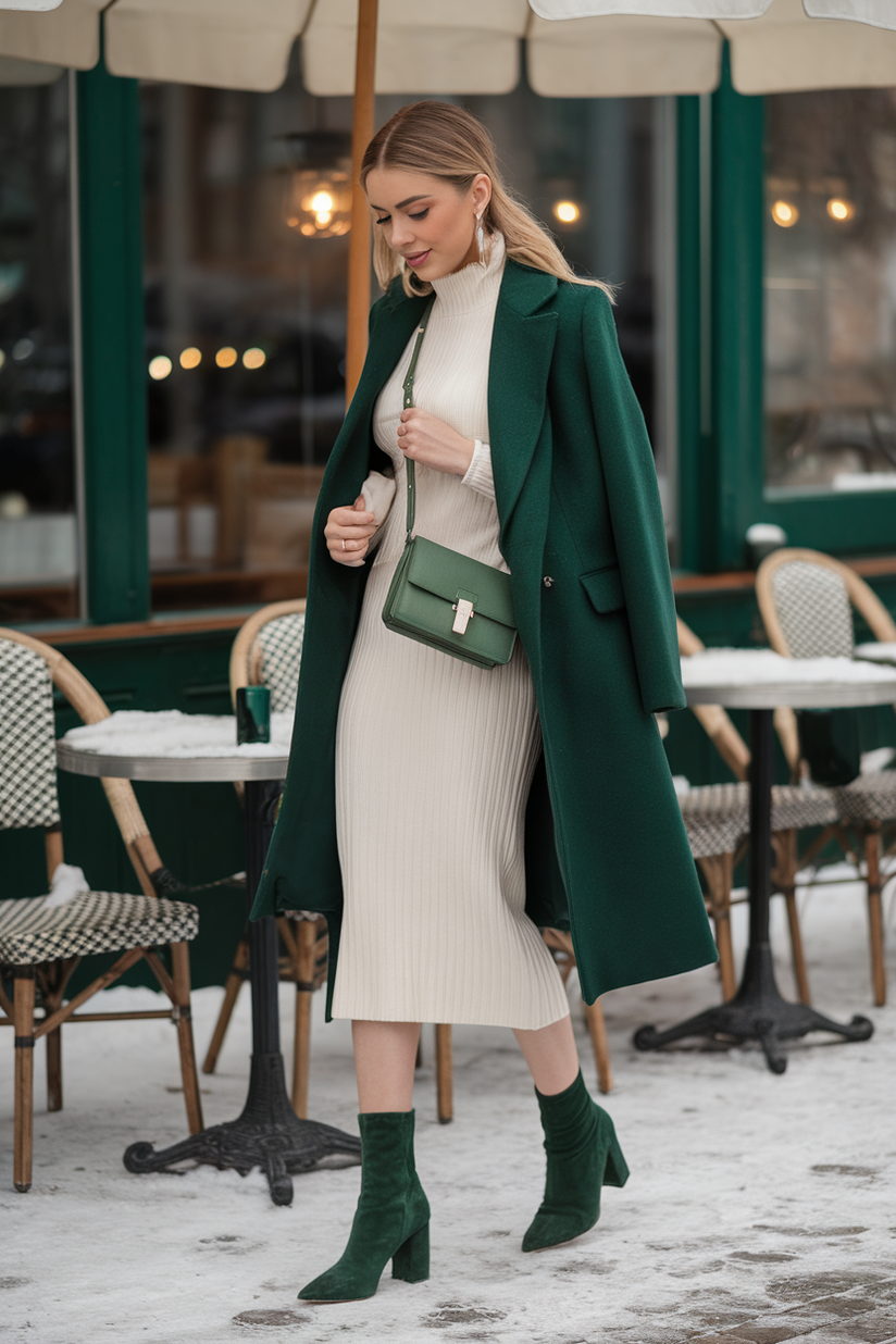 Green suede block heels paired with a cream dress and green overcoat for winter.