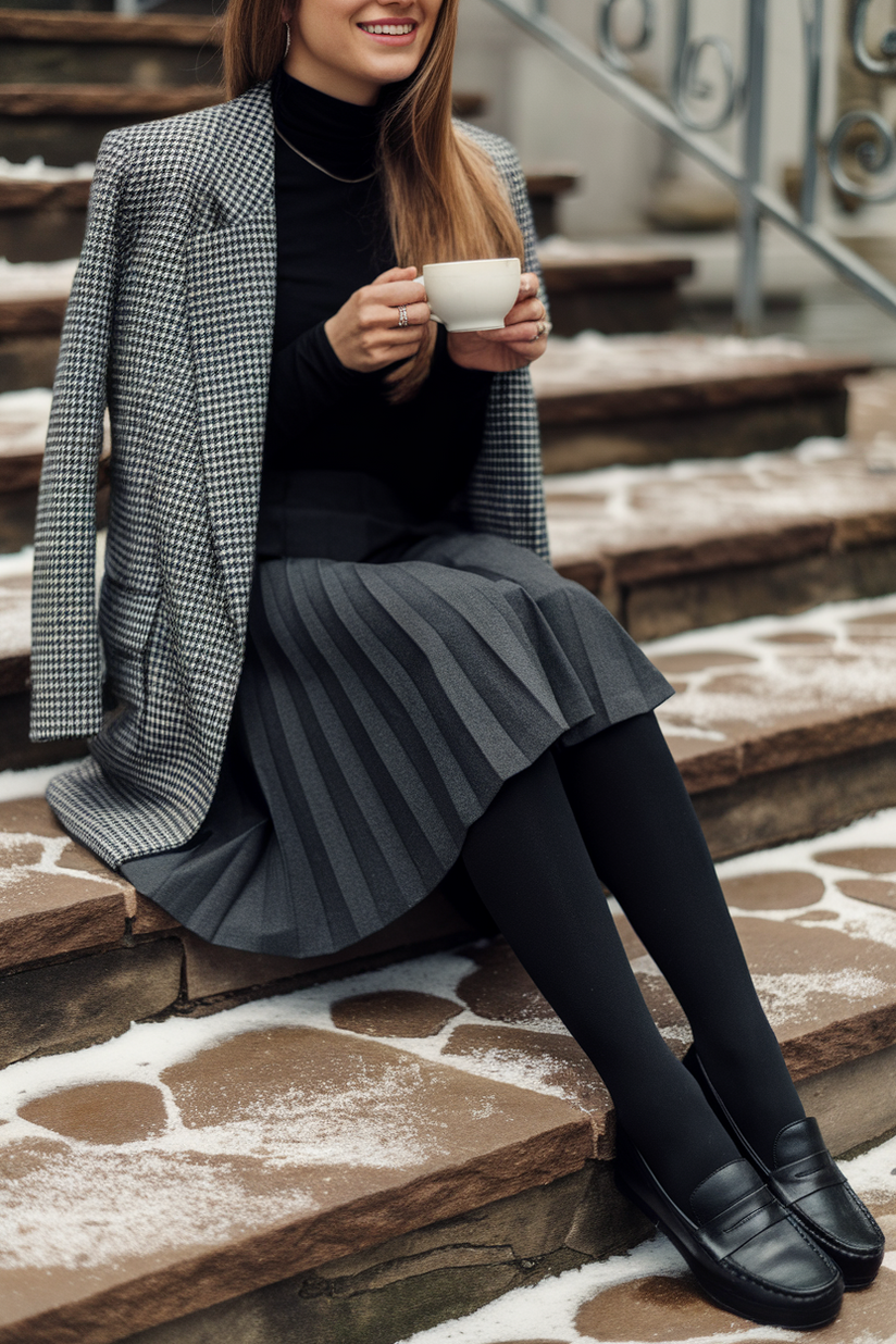 Winter outfit with a charcoal gray pleated skirt, black turtleneck, and houndstooth blazer.