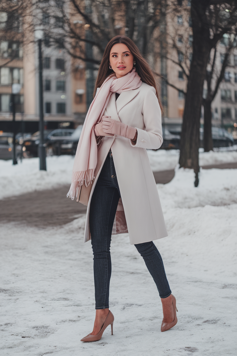 Nude pointed-toe heels styled with dark-wash jeans and a white coat in a snowy winter setting.