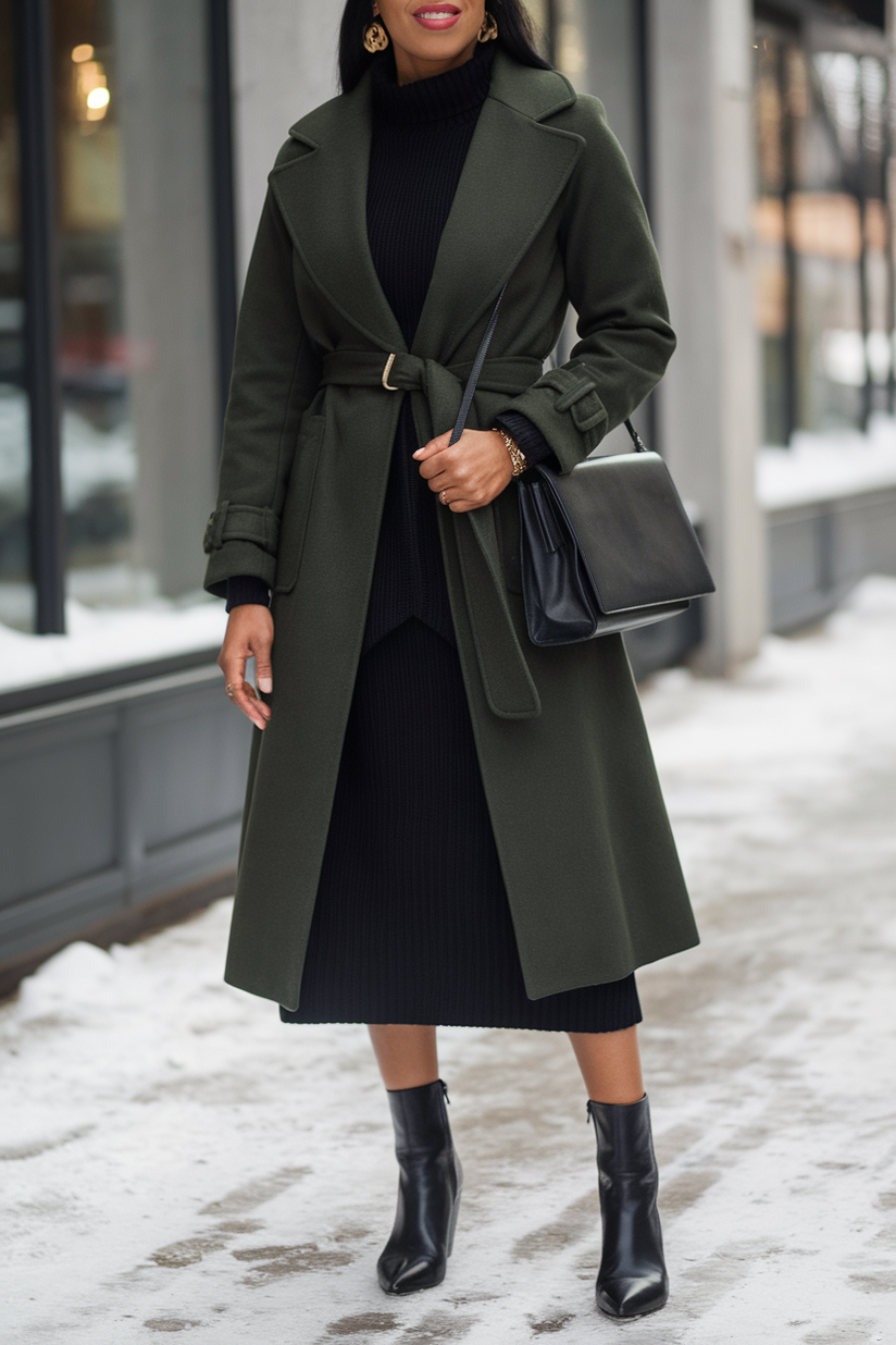 Black pointed-toe ankle boots styled with a green belted coat and sweater dress for winter.