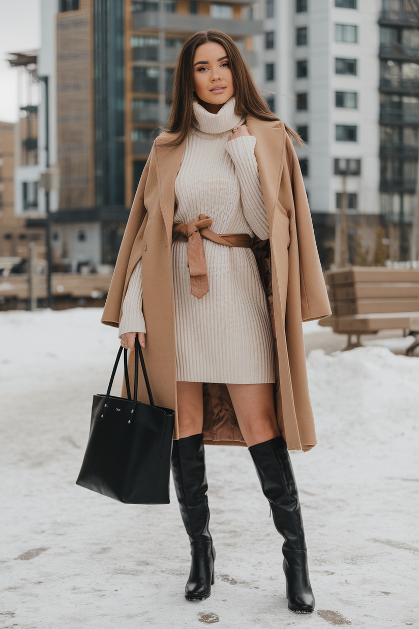 Black knee-high heeled boots styled with a cream sweater dress and camel coat in a winter park setting.