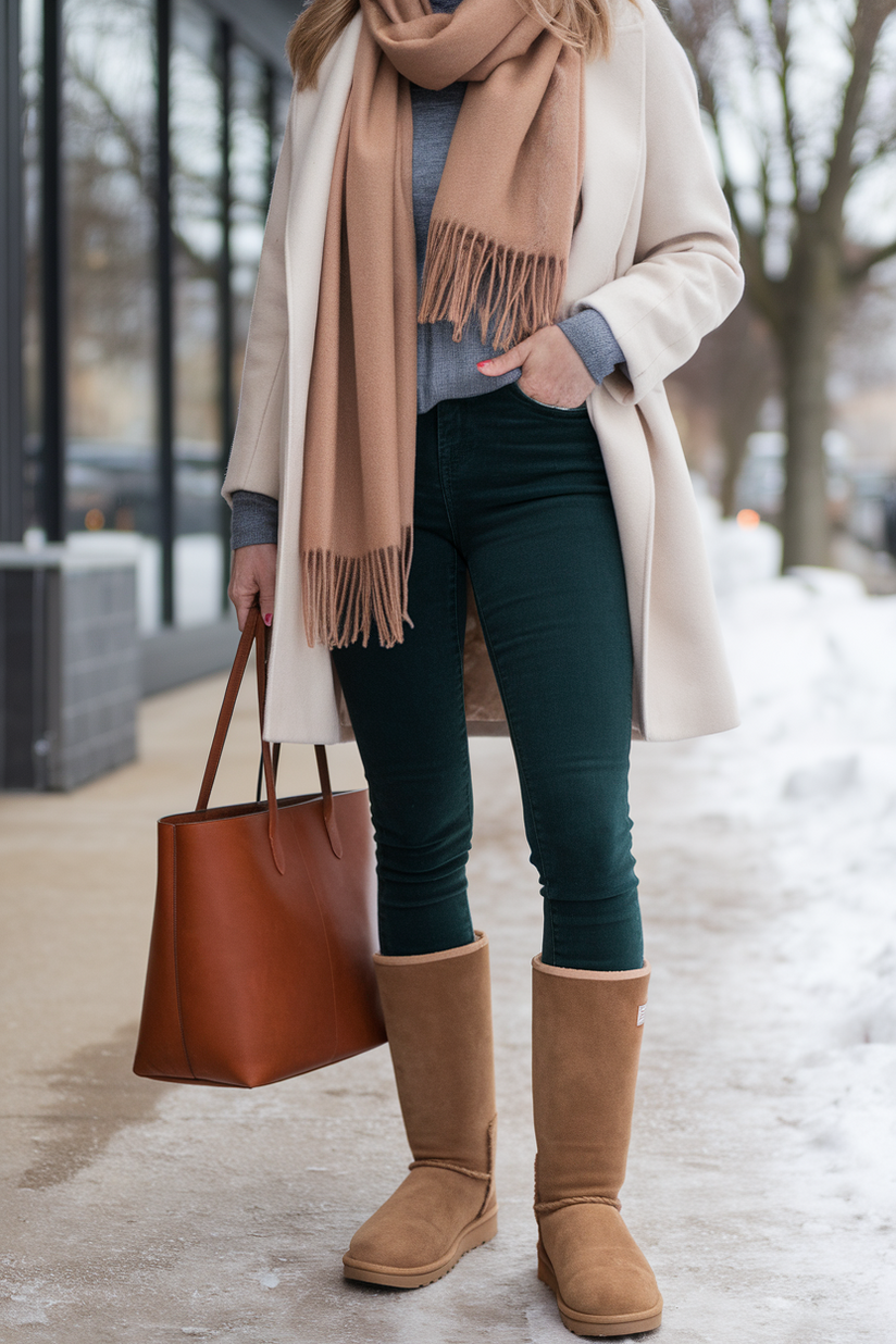 Winter outfit with green skinny jeans, cream coat, and tall chestnut UGG boots.