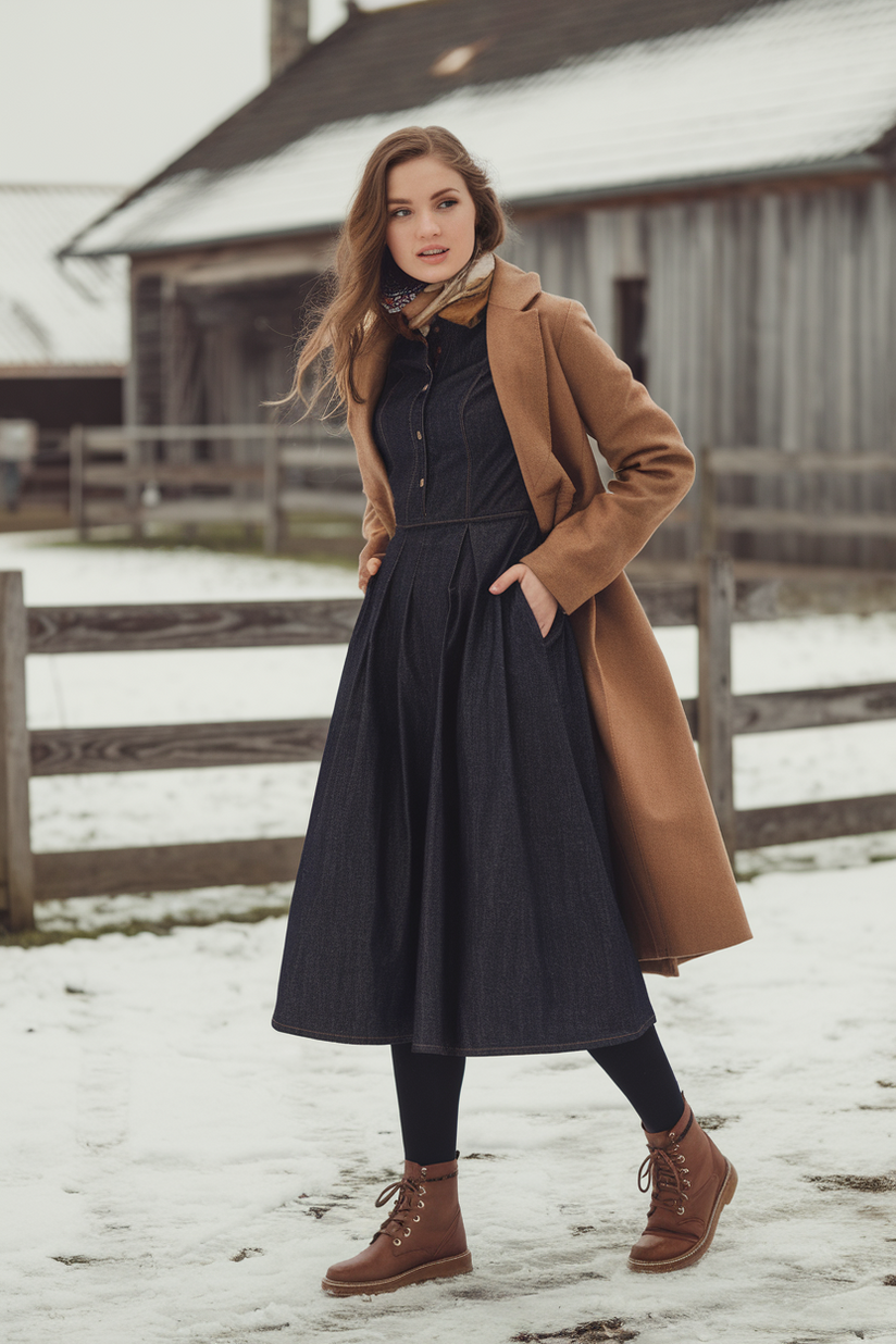 Winter outfit with a denim dress, wool coat, and brown lace-up boots.