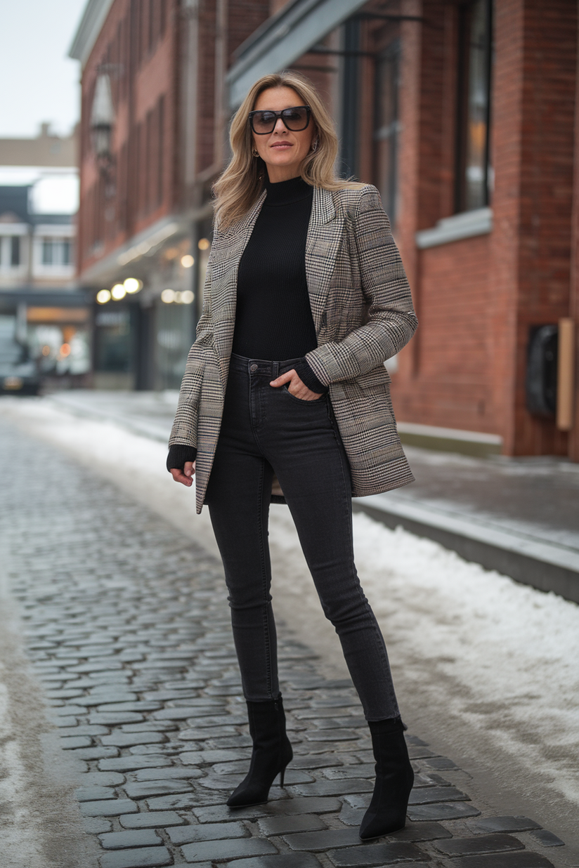 Woman in slim black jeans, a plaid blazer, and ankle boots with a turtleneck in a winter city setting.