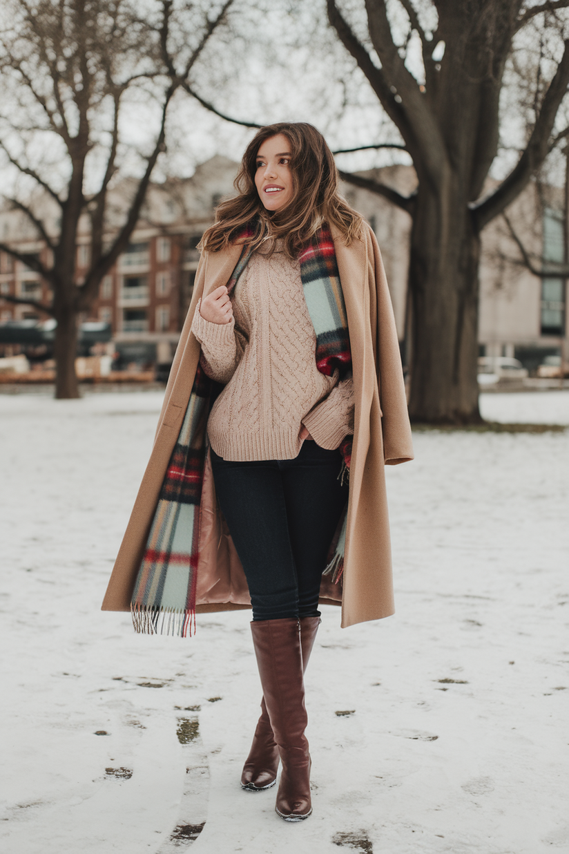 Woman in skinny jeans, brown knee-high boots, and a beige sweater with a wool camel coat in a snowy setting.