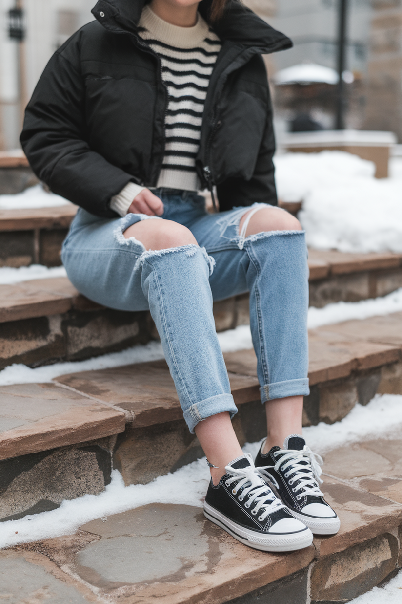 Woman in ripped jeans, Converse sneakers, and a striped sweater with a cropped puffer jacket on snowy steps.