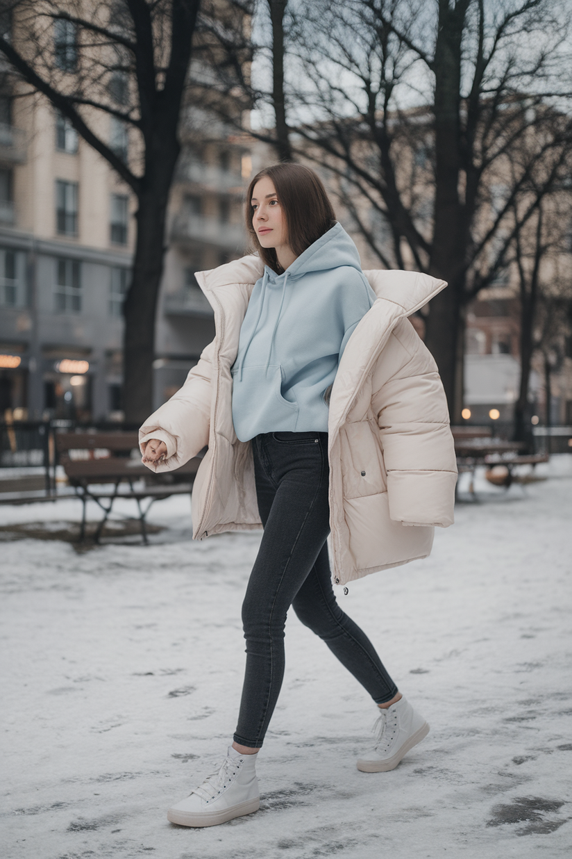 Woman in slim black jeans, white sneakers, and a hoodie layered with a white puffer jacket in a snowy park.