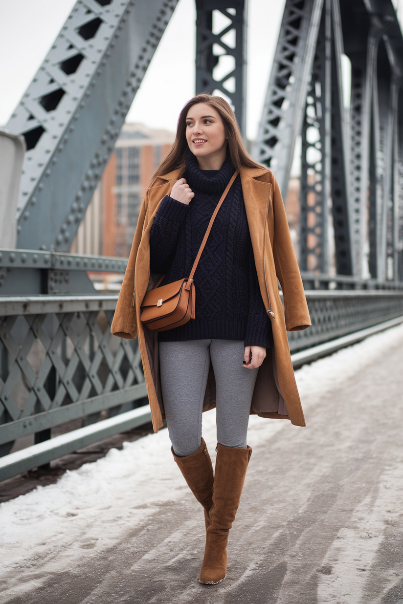 Winter outfit with gray leggings, a navy sweater, and brown knee-high boots.