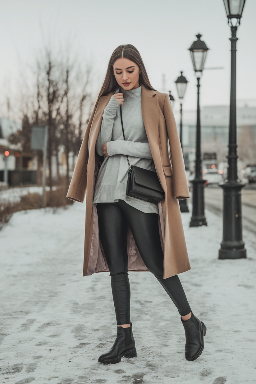 Winter outfit with black leggings, a gray sweater, and a camel coat.