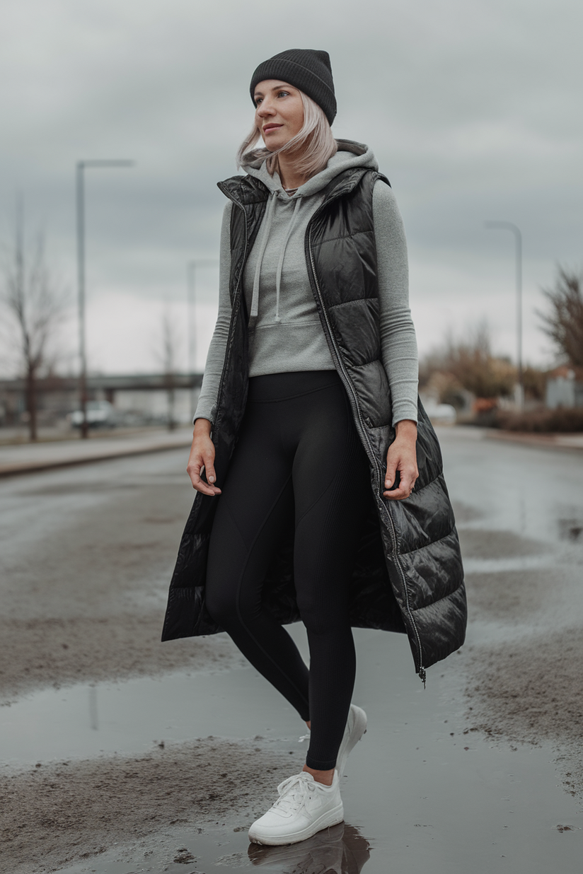 Casual winter outfit featuring black leggings, a gray hoodie, and a black vest for cold weather.