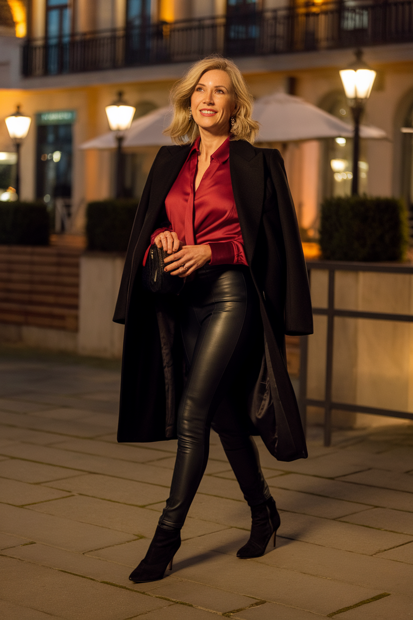 Dressy winter outfit with black faux-leather leggings, a red blouse, and a tailored black coat.