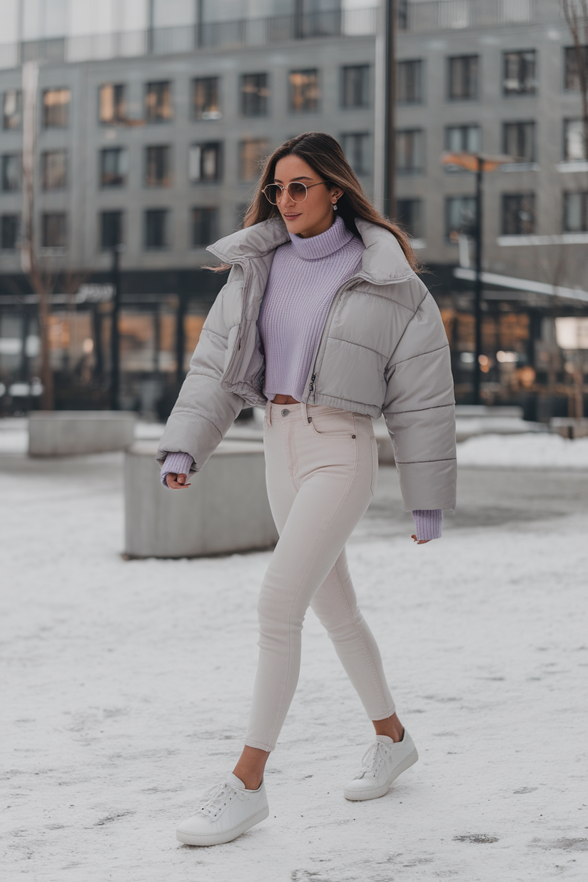 Woman in light beige skinny jeans, white sneakers, and a lavender sweater with a gray puffer jacket in snow.