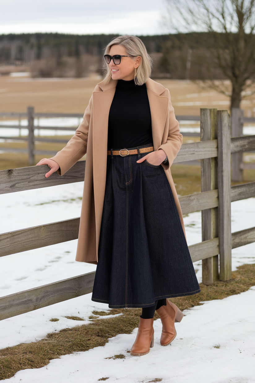 Winter outfit with a long denim skirt, black turtleneck, and camel belted coat.