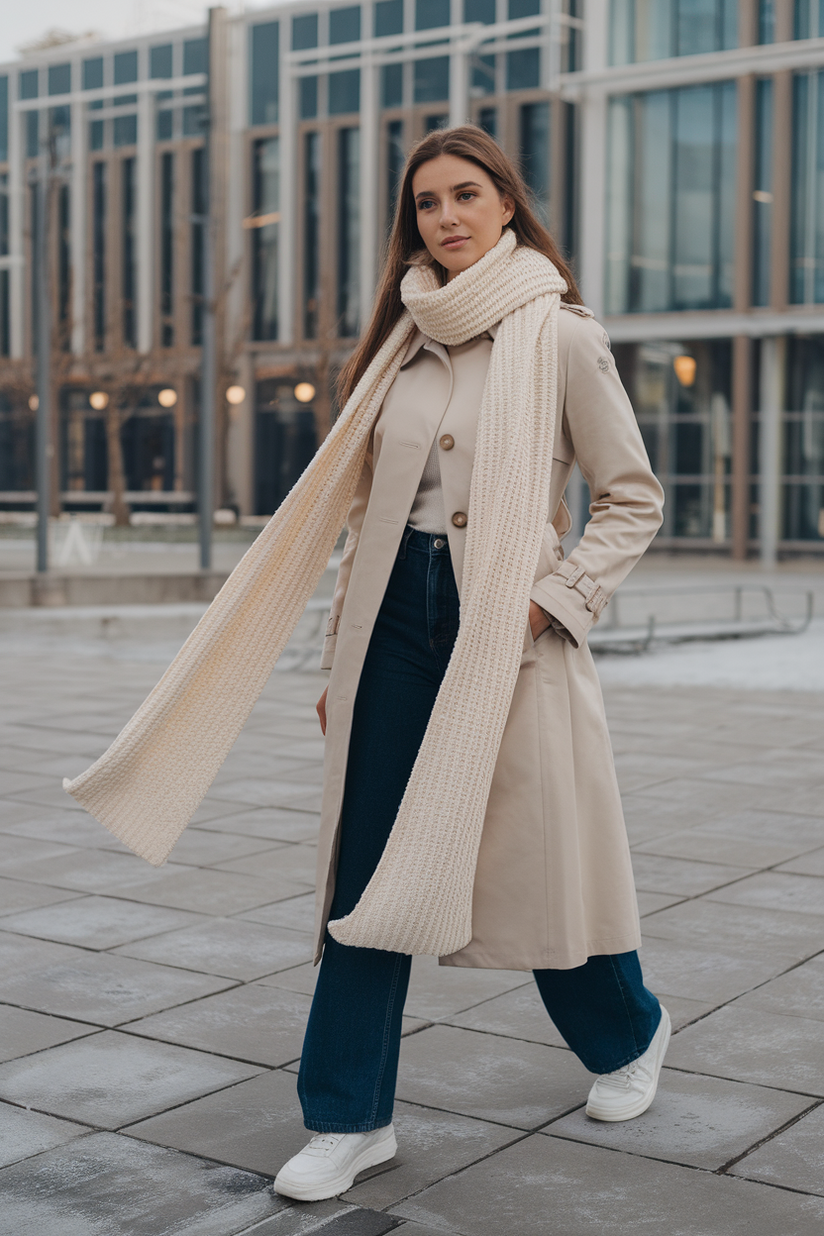 Winter outfit with a long cream scarf, trench coat, and jeans.