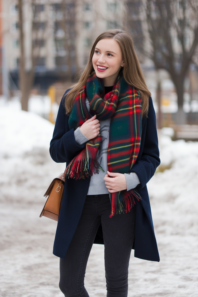 Winter outfit with a plaid scarf, navy coat, and jeans.