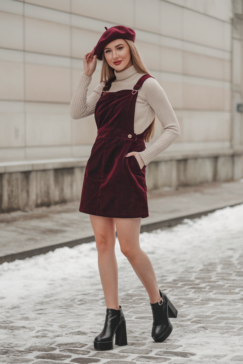 Black platform heels styled with a burgundy pinafore dress and cream sweater for a playful winter look.