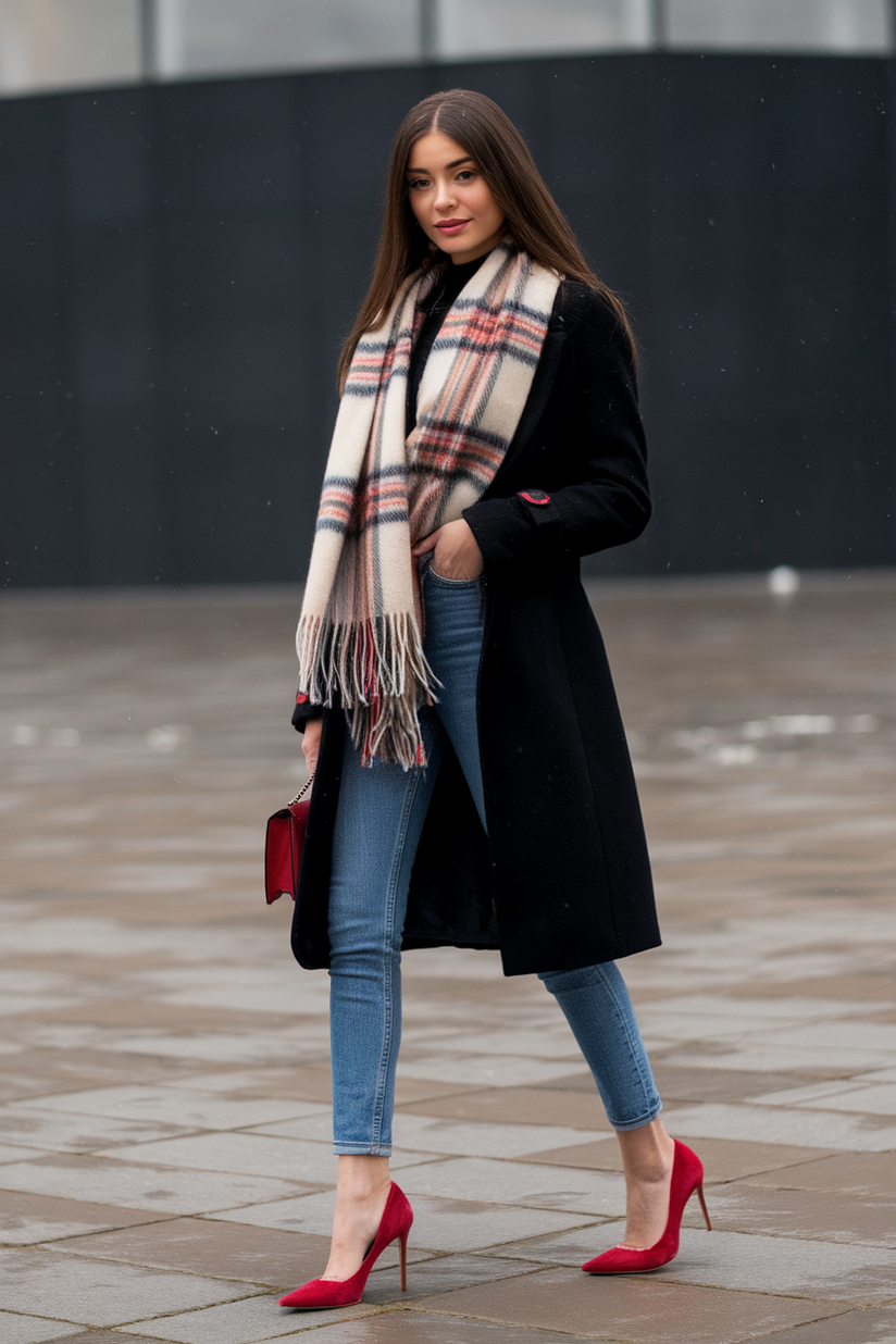 Red suede stiletto heels styled with jeans and a black coat for a festive winter look.