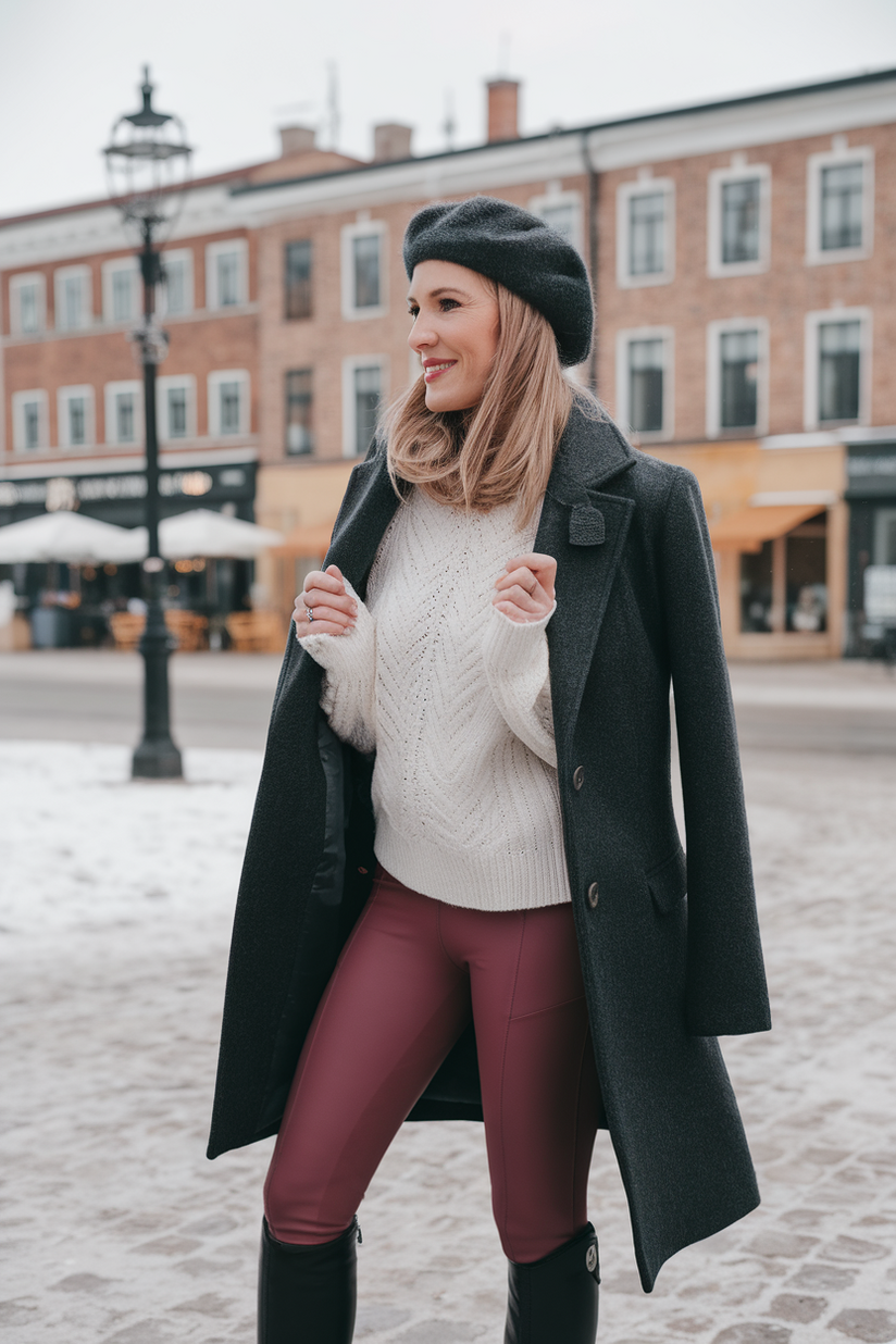 Winter outfit with burgundy leggings, a white sweater, and a gray coat.