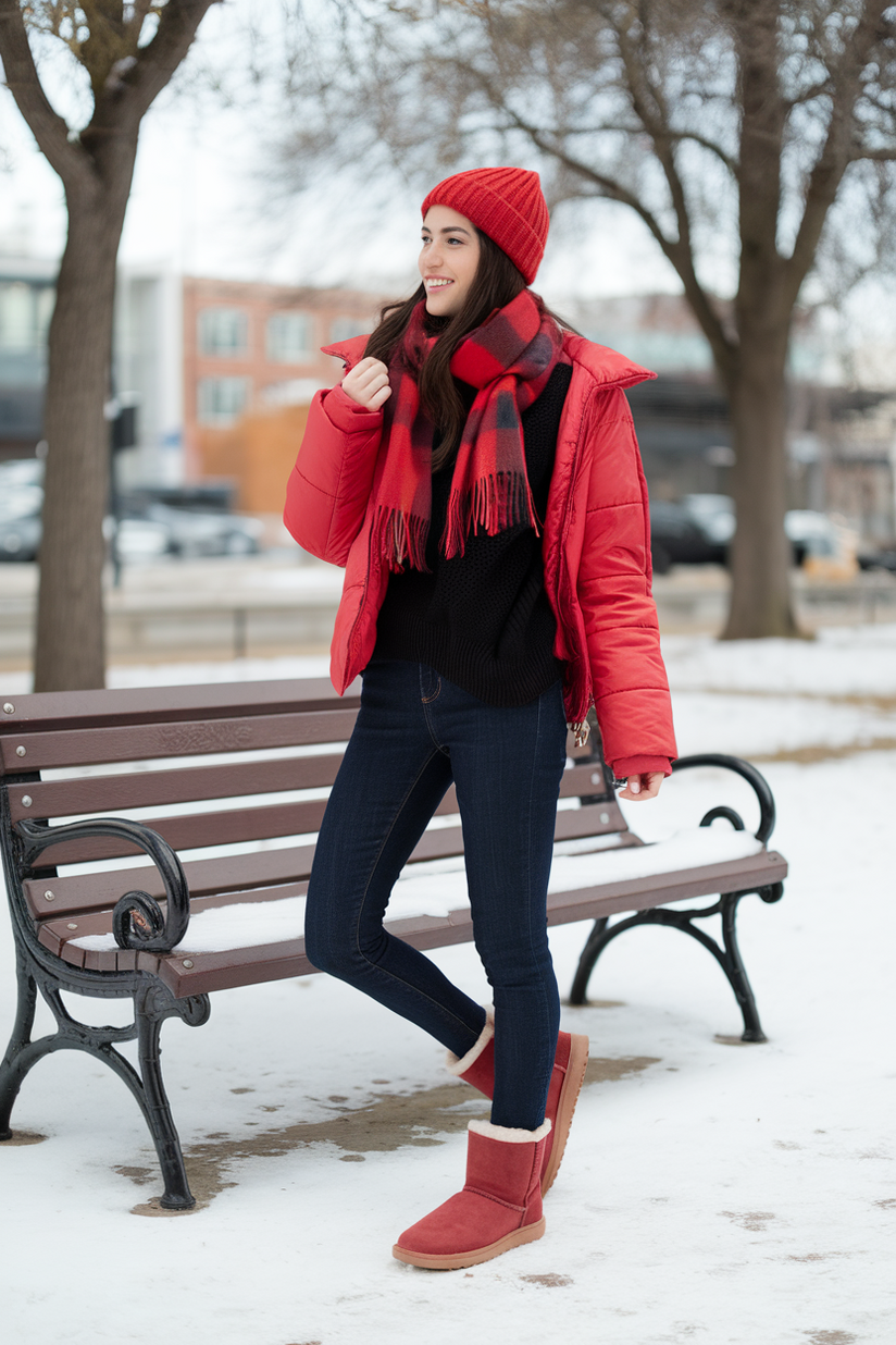 Winter outfit with dark skinny jeans, black sweater, and red UGG boots.