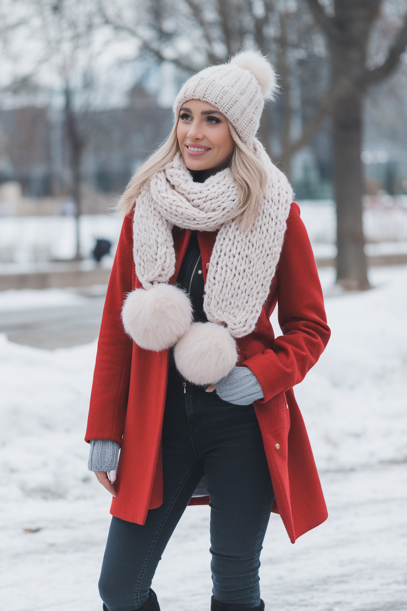 Winter outfit with a white scarf, red coat, and knit hat.