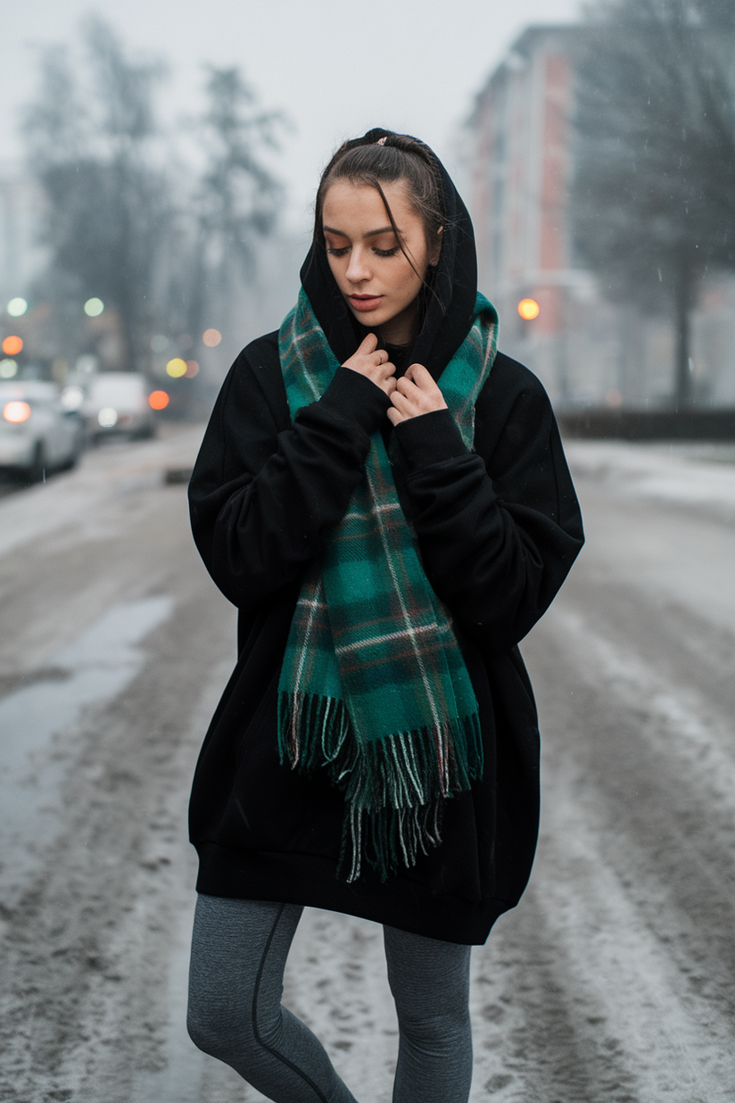 Winter outfit with a green plaid scarf, black hoodie, and leggings.