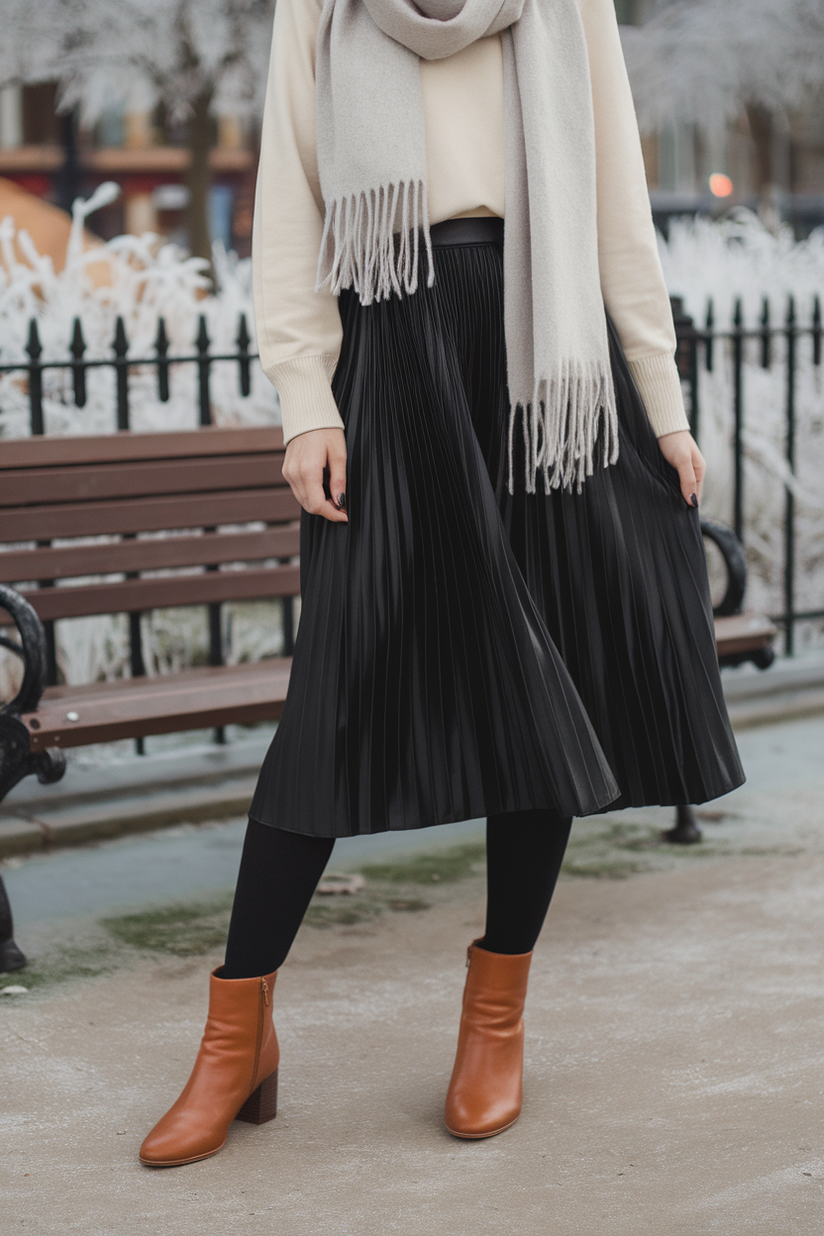 Winter outfit with a gray scarf, black skirt, and cream sweater.