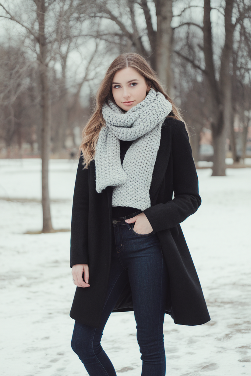 Winter outfit with a grey scarf, black coat, and dark jeans.