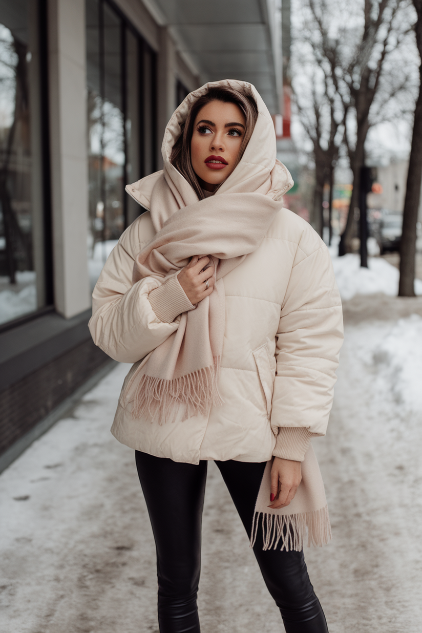 Winter outfit with a cream scarf and hooded jacket.