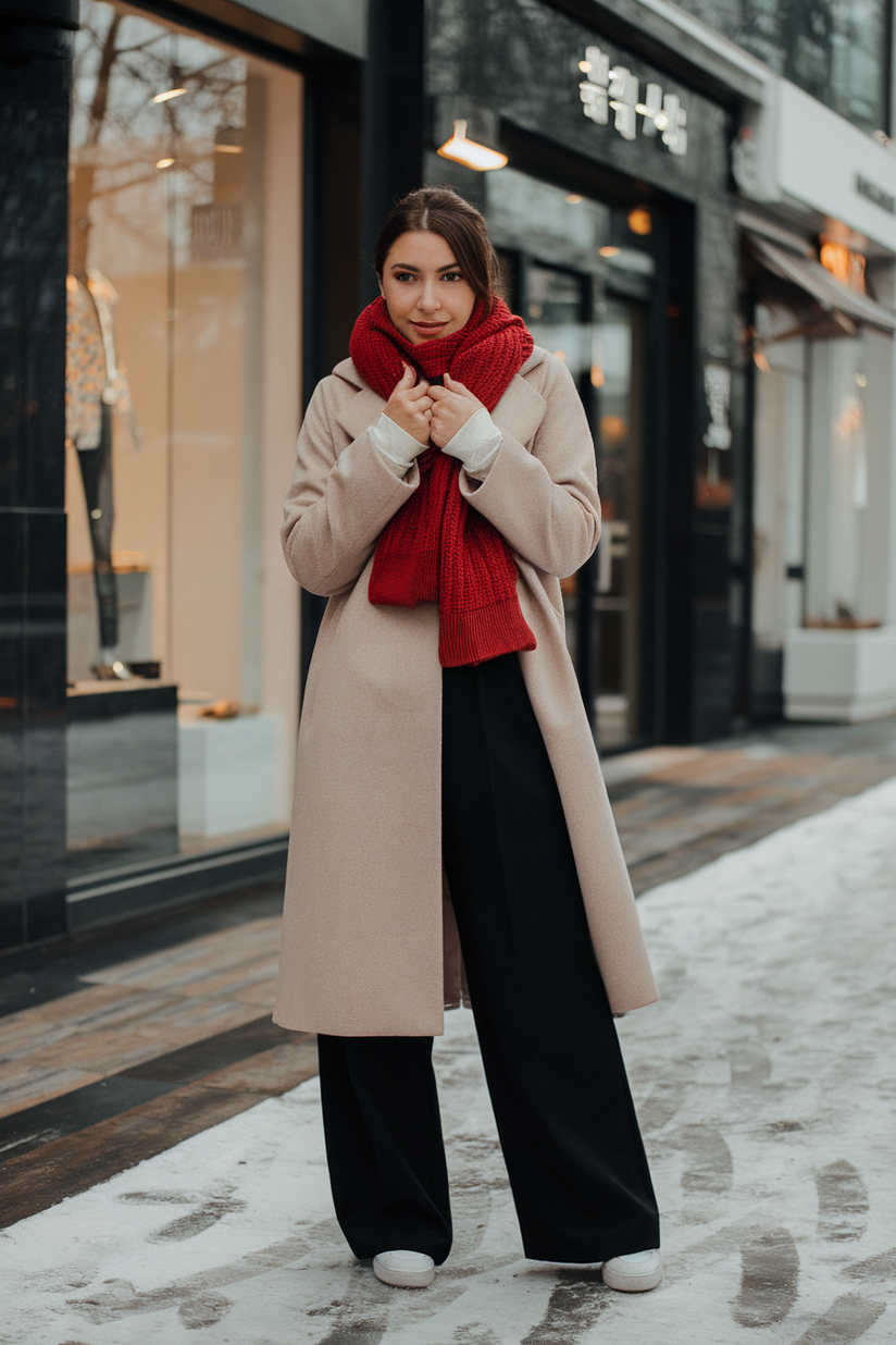 Korean winter outfit with a red scarf, beige coat, and black trousers.