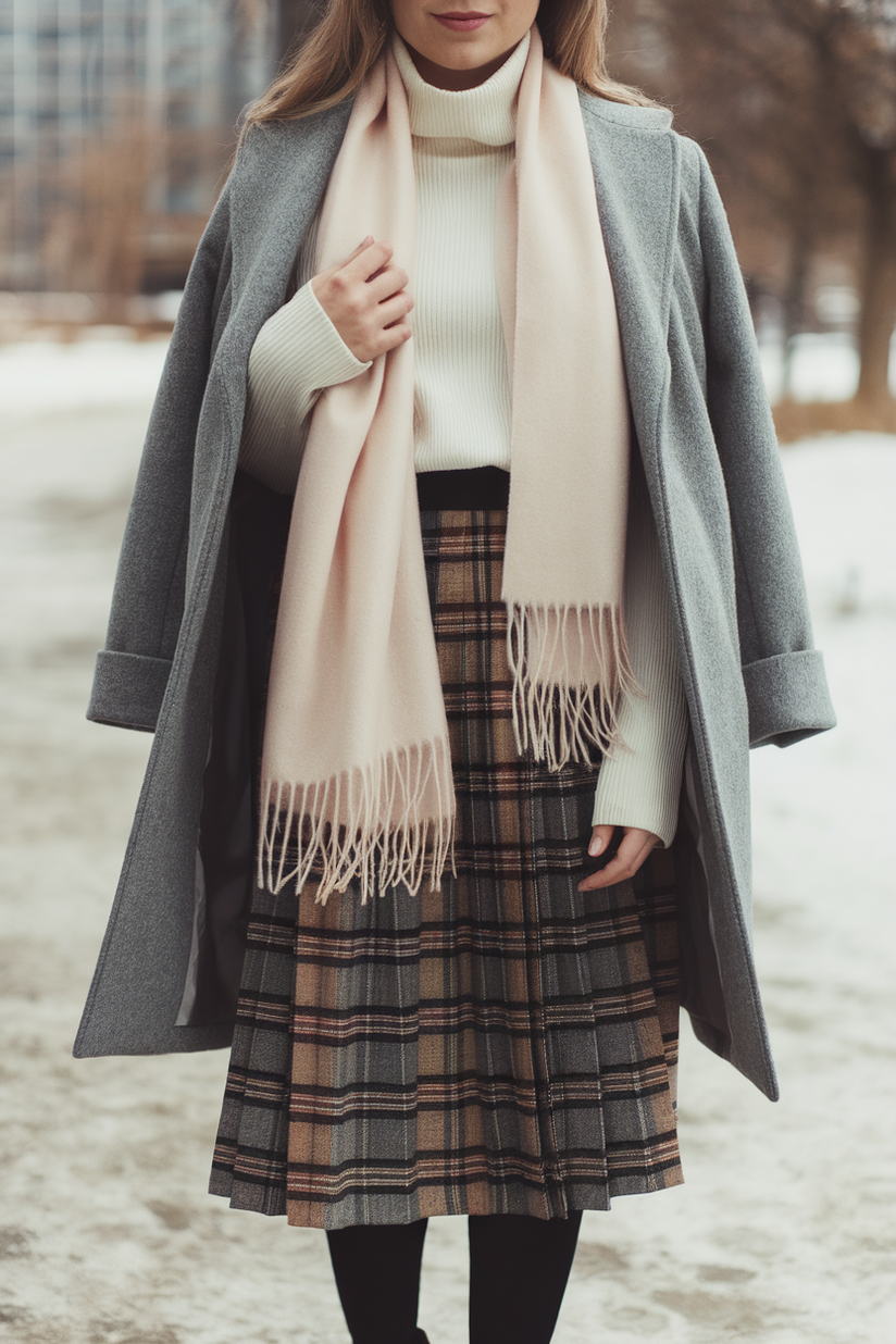 Winter outfit with a beige scarf, plaid skirt, and grey coat.