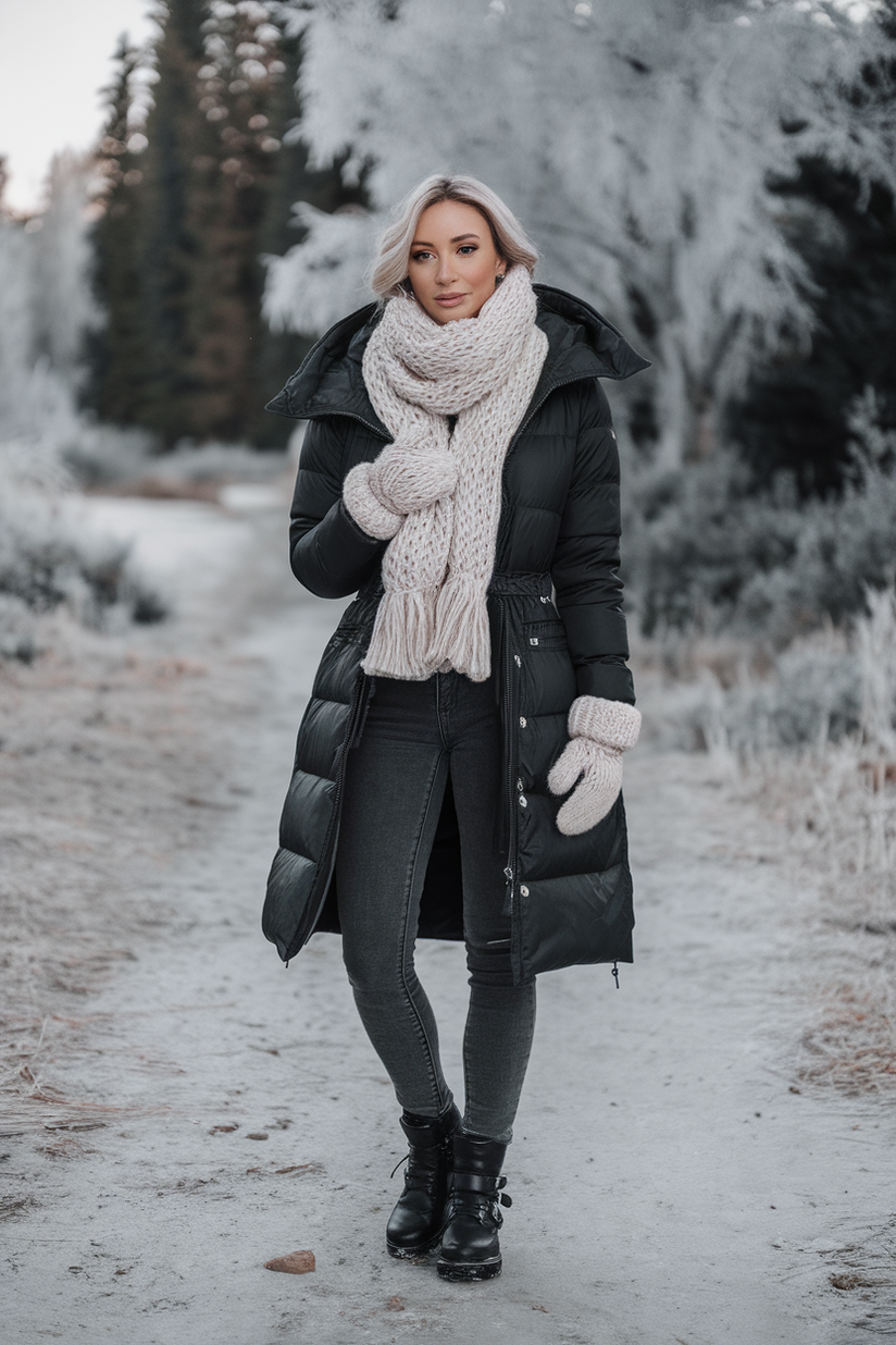 Winter outfit with a white scarf, black coat, and gray jeans.