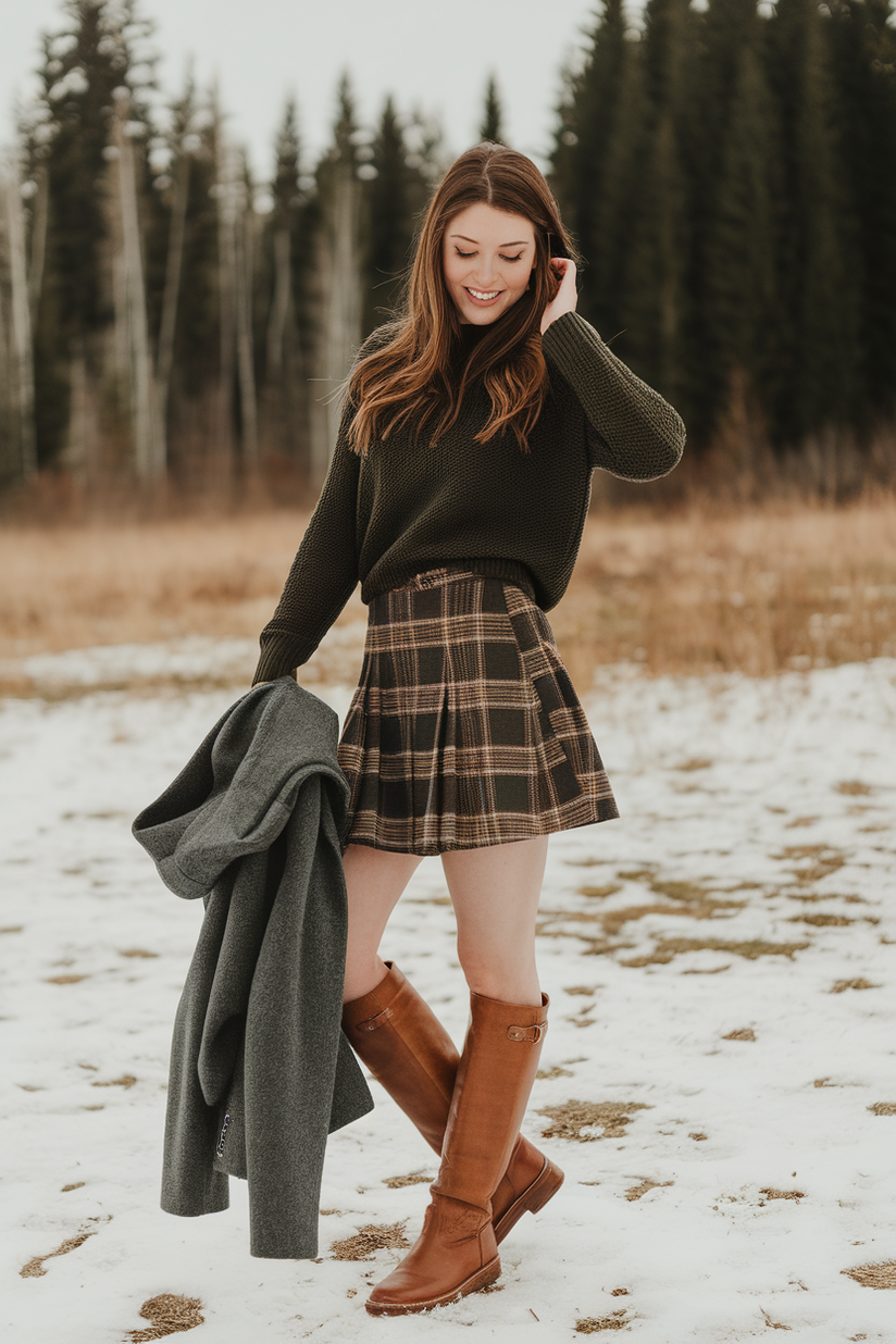 Winter outfit with a plaid mini skirt, green sweater, and tall brown leather boots.