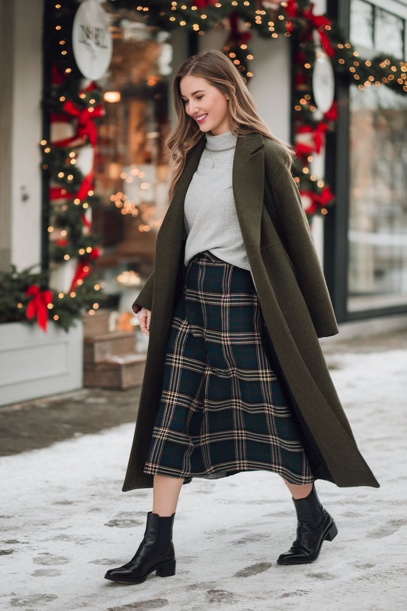 Winter outfit with a plaid midi skirt, gray sweater, and dark green wool coat.