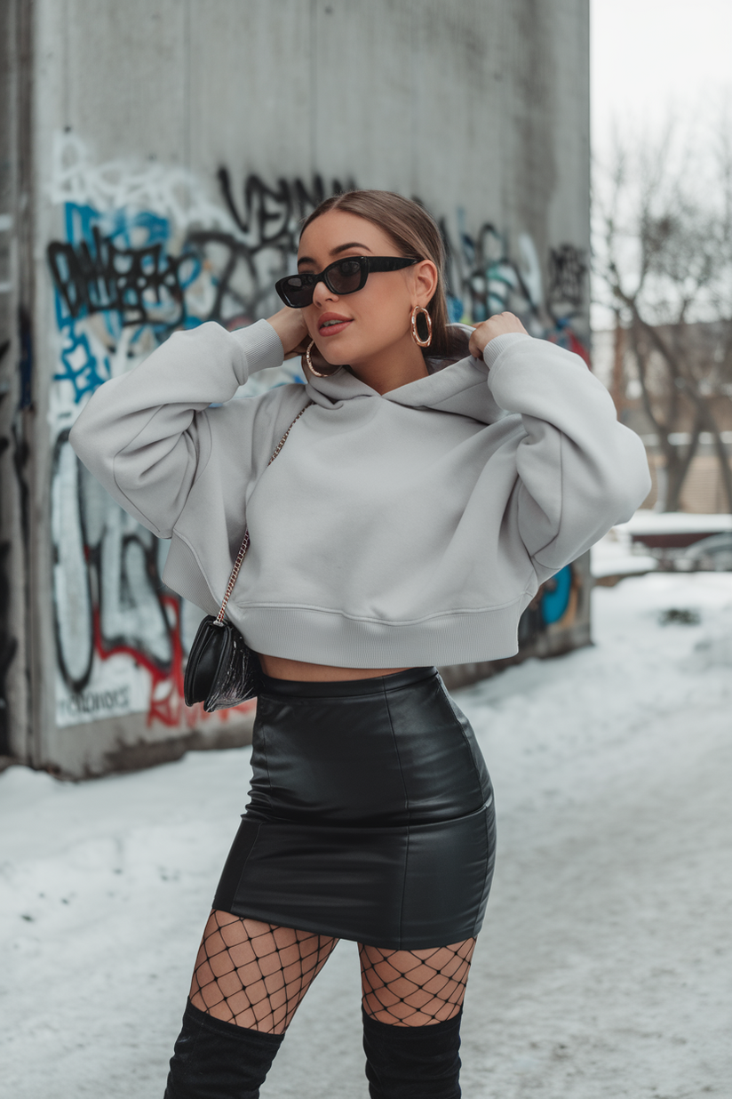 Winter baddie outfit with a black leather mini skirt, white hoodie, and thigh-high black boots.