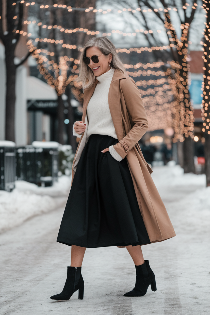 Winter outfit with a black midi skirt, cream sweater, and camel trench coat.