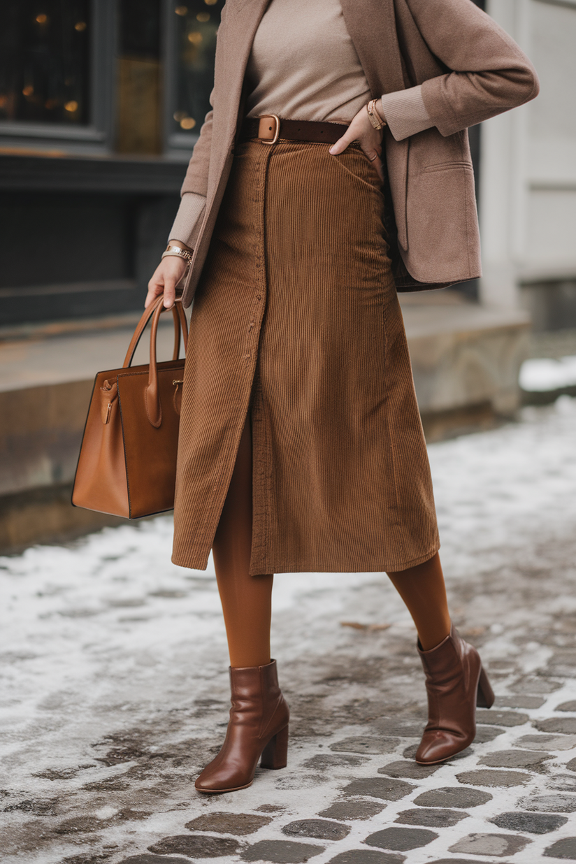 Winter outfit with a brown corduroy skirt, beige turtleneck, and brown ankle boots.