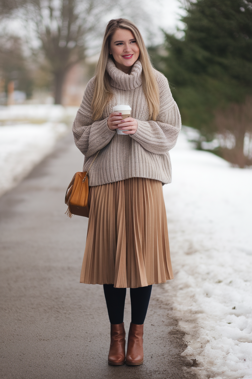 Casual winter outfit with a chunky beige turtleneck, pleated camel midi skirt, and brown ankle boots.