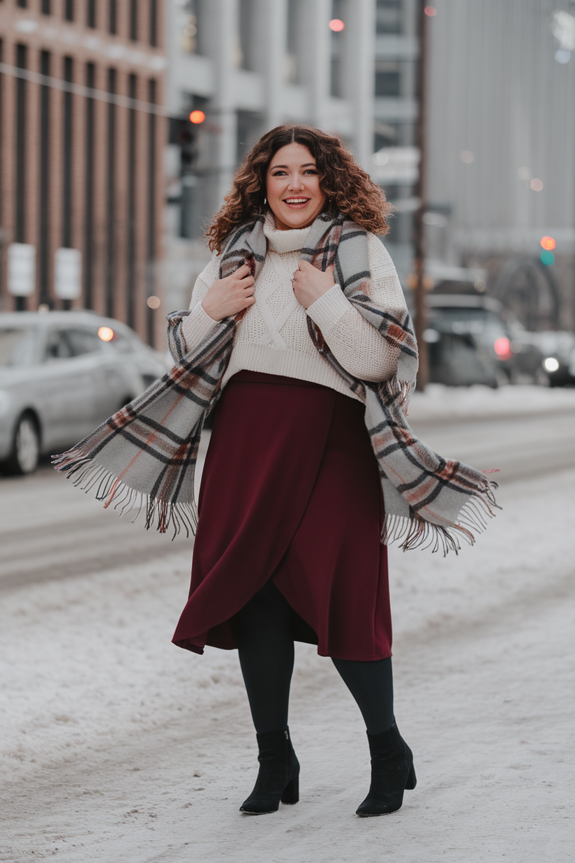 Winter outfit with a burgundy wrap skirt, cream sweater, and heeled black ankle boots.